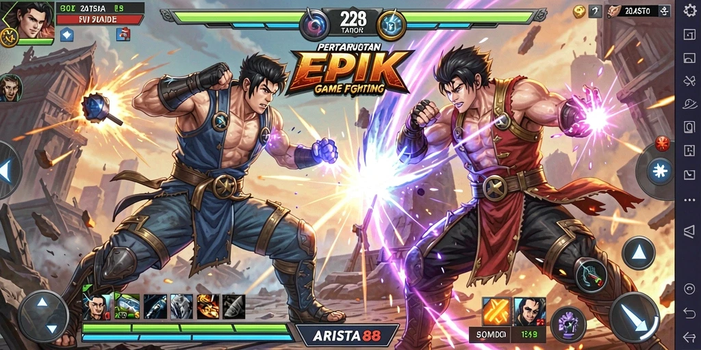 Tampilan gameplay intens dalam ARISTA88 yang menunjukkan pertarungan berbasis strategi.