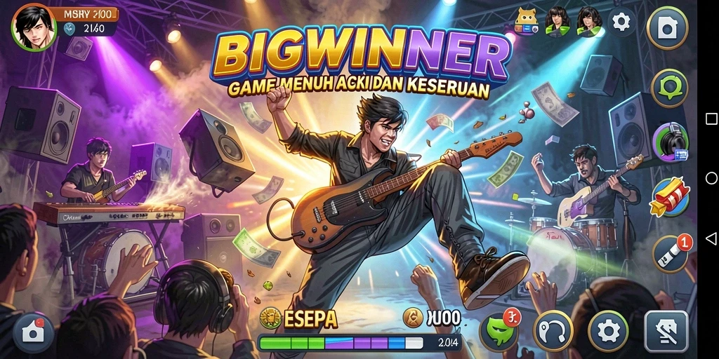 Screenshot gameplay BIGWINNER yang menunjukkan aksi bermain musik.