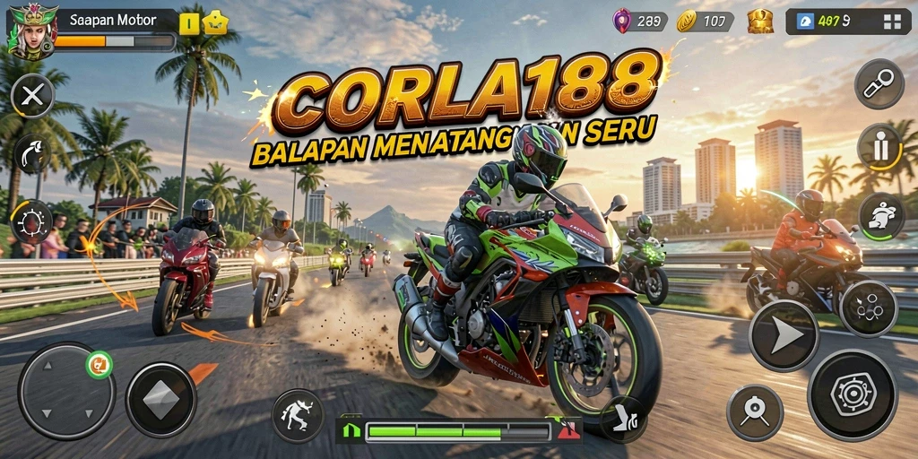 Screenshot CORLA188 menampilkan aksi balapan motor yang seru di lintasan.