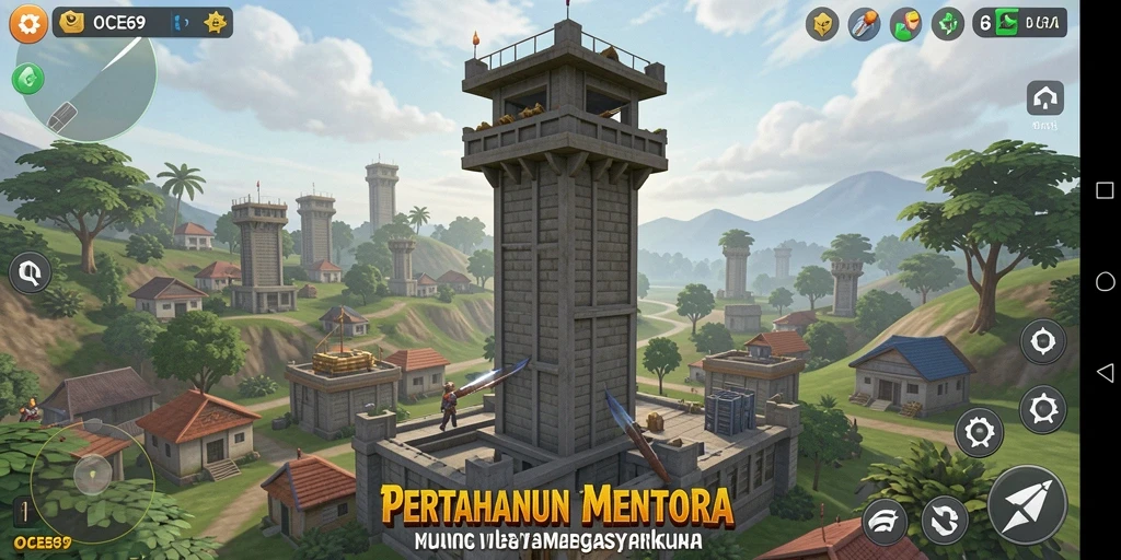 Tampilan gameplay menara pertahanan yang menarik di OCE69.